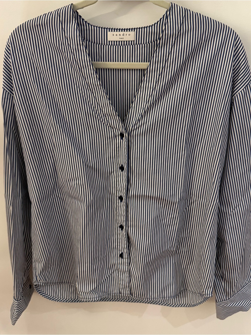 Sandro Blue and White Striped Long-Sleeve V-Neck Button Down 100% Cotton Poplin